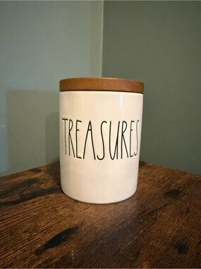 Rae Dunn TREASURES Ceramic Kitchen Canister with Wood Lid